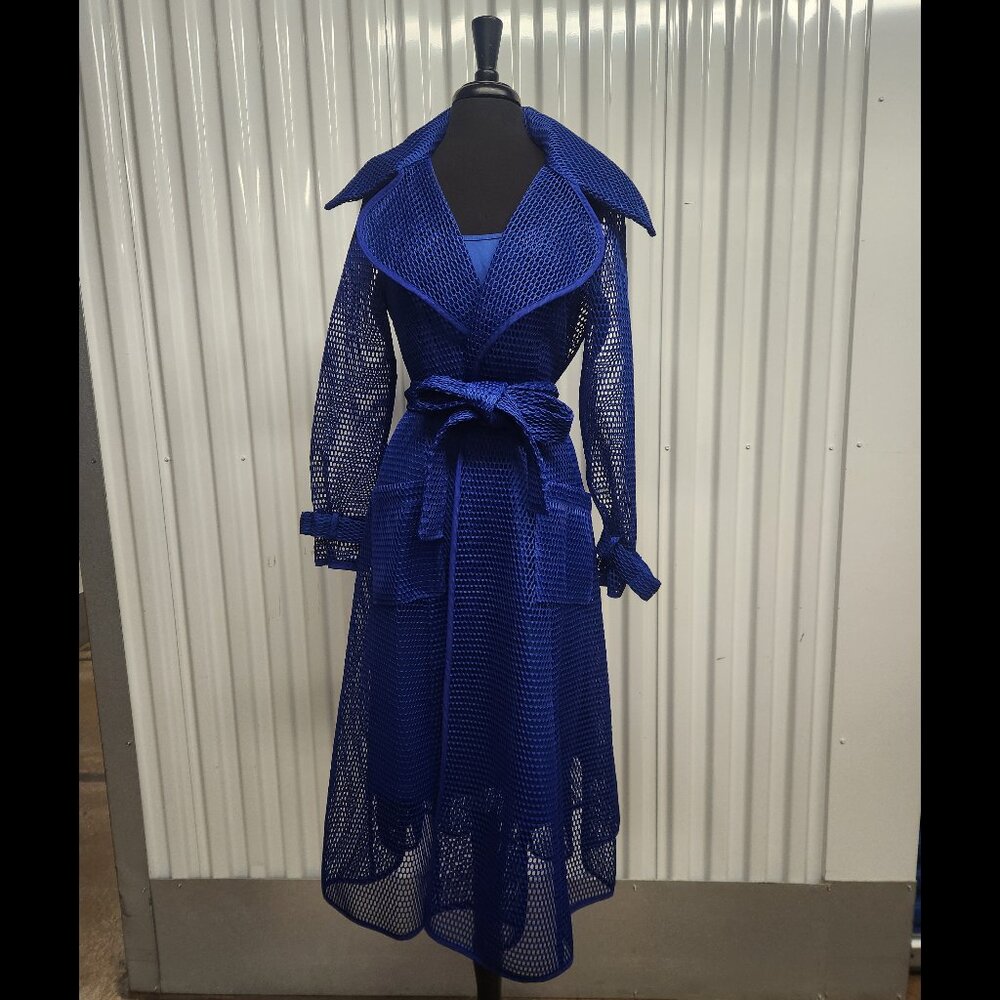 Samuel Dong Cobalt Blue Eyelet Trench Duster with Matching Slip Dress Size S